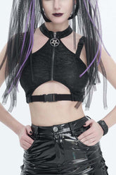 Black Slim Knit Mechanic Computer Moire Adjustable Women's Punk Halter Vest